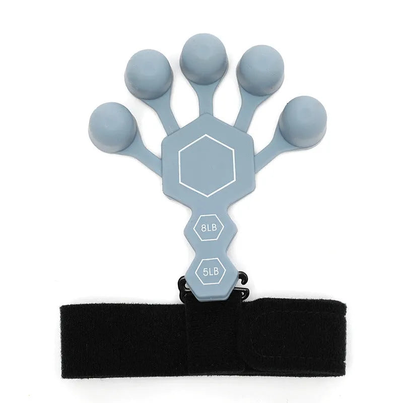 Grey and black silicone hand trainer for adult finger rehabilitation and strength exercises