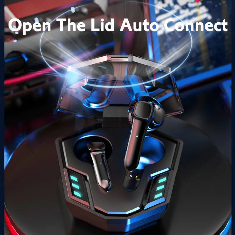 Black wireless Bluetooth gaming headset with noise reduction and low-latency features.