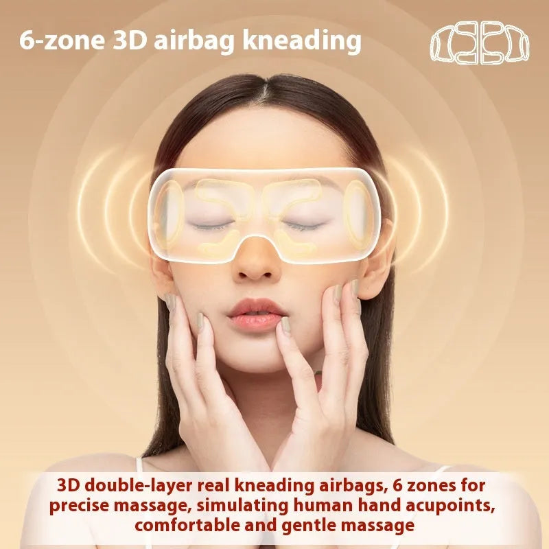 White rechargeable eye massager with airbag compression and hot compress functions, dimensions 140mm x 52mm x 150mm