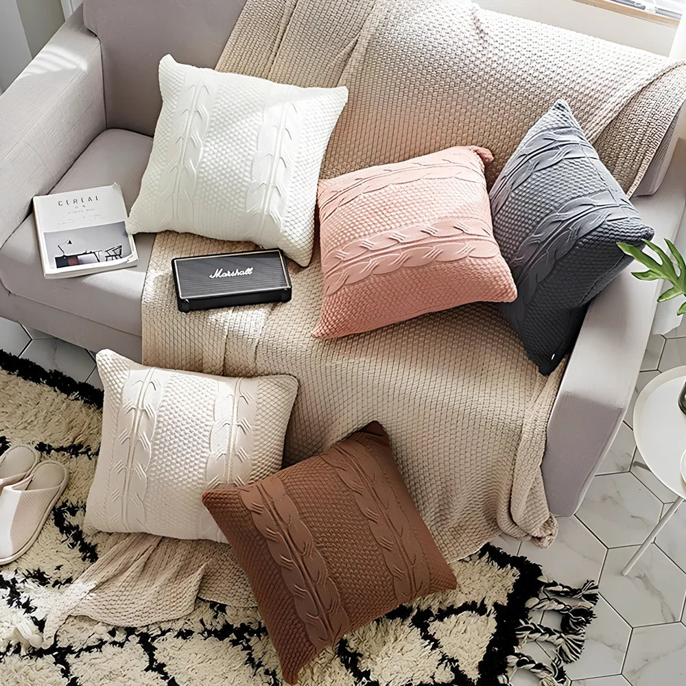 Handmade Nordic wool knit pillowcase with fringe edges measuring 45x45cm in light coffee colour