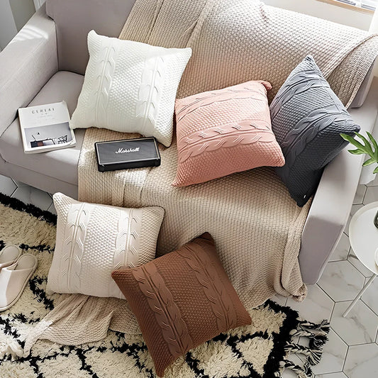 Handmade Nordic wool knit pillowcase with fringe edges measuring 45x45cm in light coffee colour