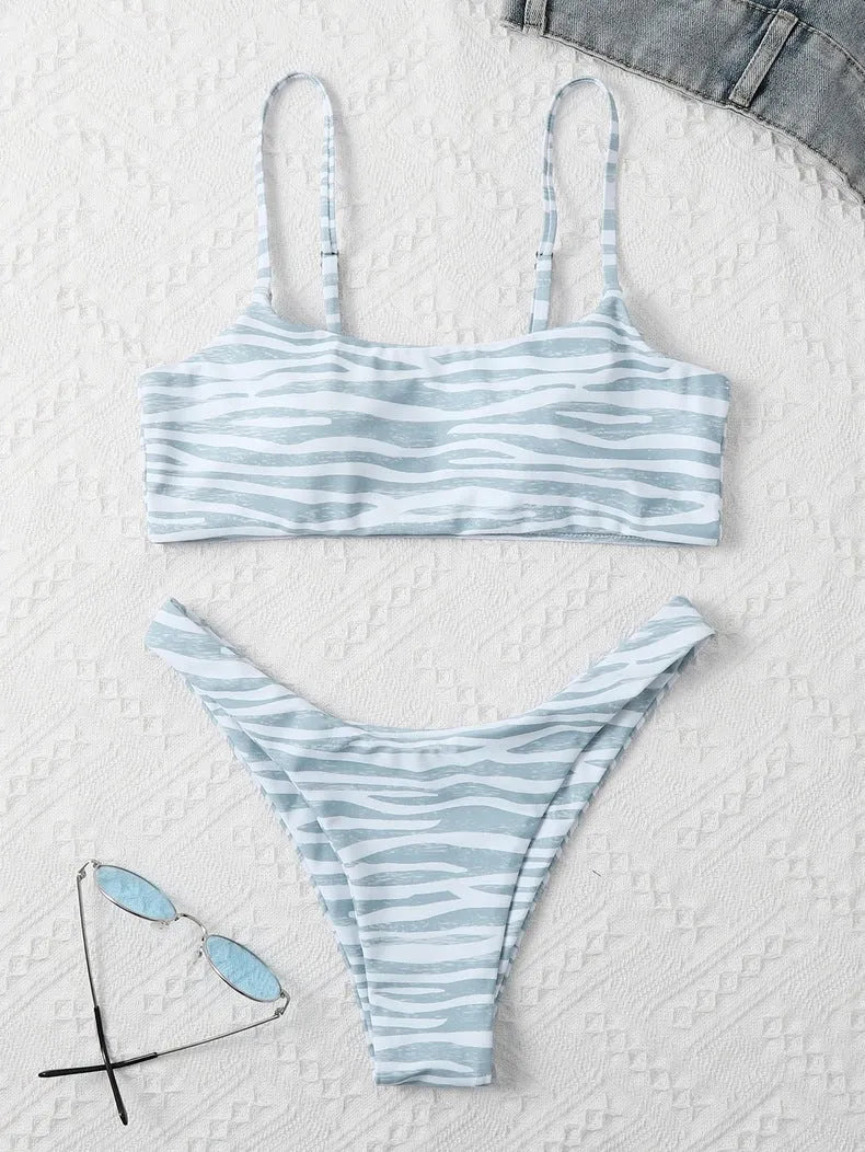 Ladies two piece bikini set with striped pattern in eight colours, sizes S to XL