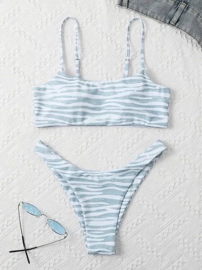 Ladies two piece bikini set with striped pattern in eight colours, sizes S to XL