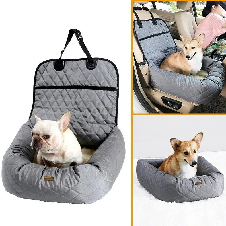 Folding pet carrier with black 900D nylon exterior and waterproof base for car seats