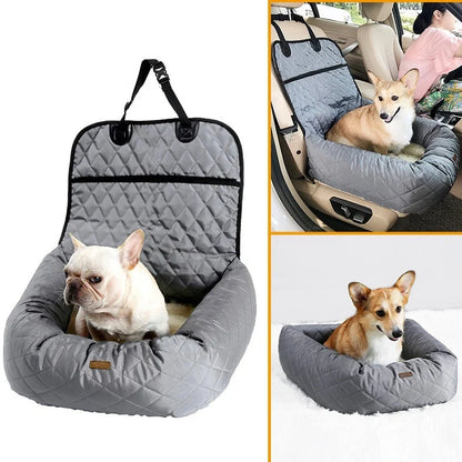 Folding pet carrier with black 900D nylon exterior and waterproof base for car seats