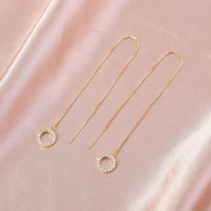 Gold Circle Long Tassel Ear Wire with sparkling zircon accents