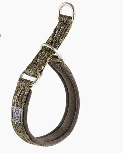 Nylon and aluminium alloy dog walking collar shown in army green colour, with sizing chart for dogs 2-70kg.