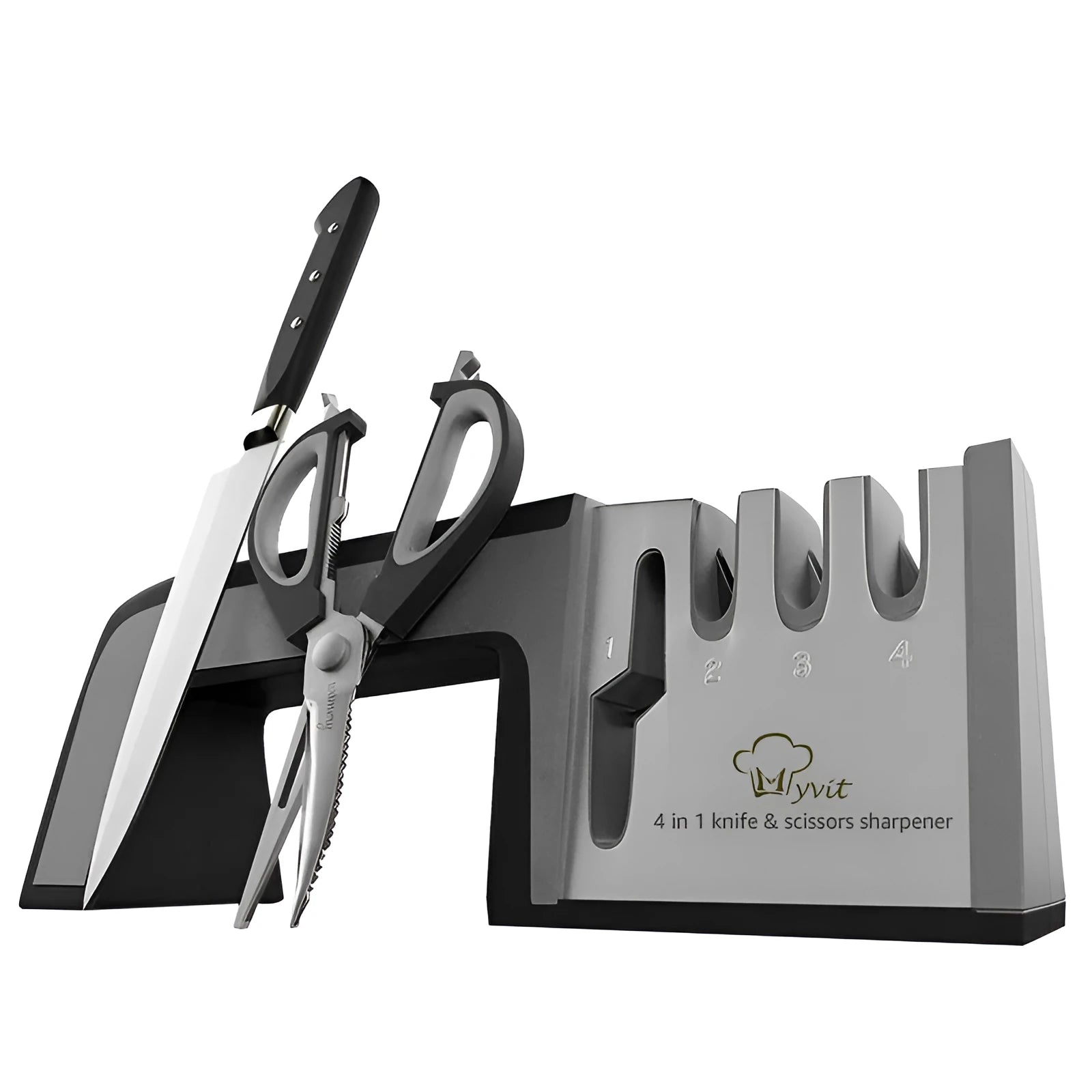 Black and cyan four-in-one kitchen knife sharpener with multiple sharpening rods on display