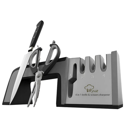 Black and cyan four-in-one kitchen knife sharpener with multiple sharpening rods on display