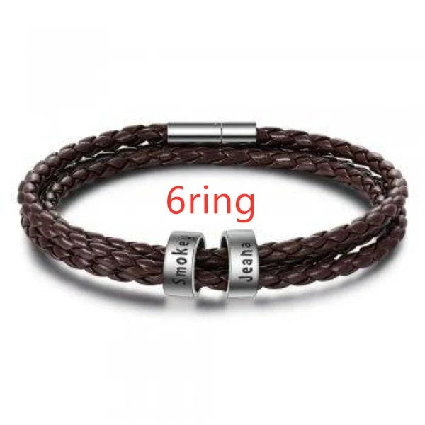 Personalized men's braided leather bracelet with stainless steel beads and custom name charm
