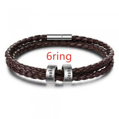 Personalized men's braided leather bracelet with stainless steel beads and custom name charm