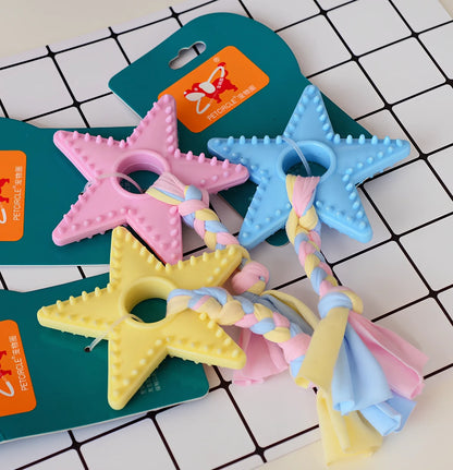 Non-toxic rubber dog chew toys in star, ring and ball shapes with textured cleaning surface