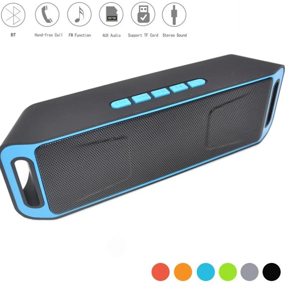 Blue portable Bluetooth speaker with dual speakers showing dimensions 20x6.5x4cm