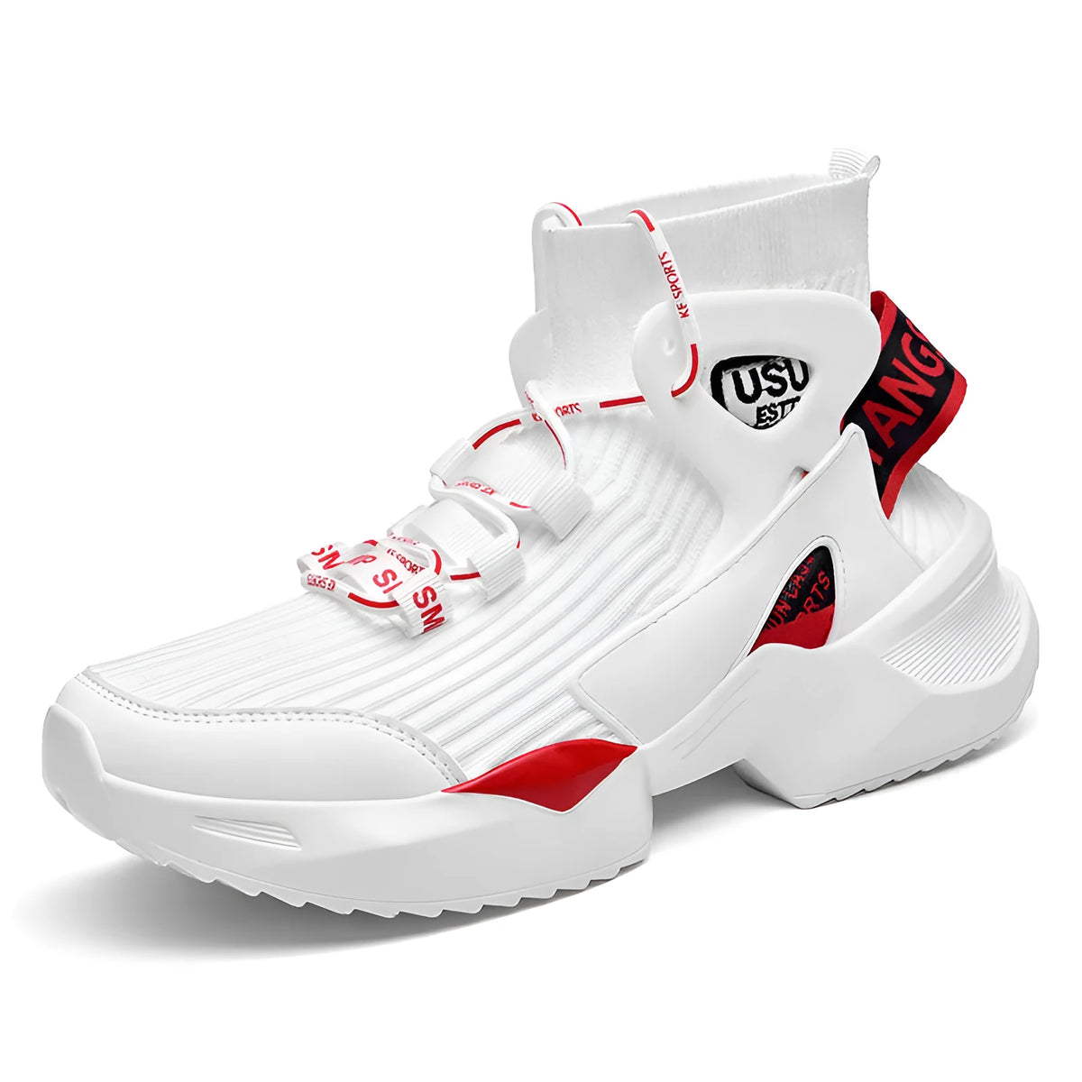 Flying knit socks basketball shoes in black, green and white with breathable mesh and plastic platform sole, sizes 36-44