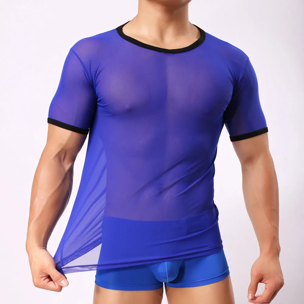Men's slim fit solid colour mesh t-shirt in black, shown front-on.