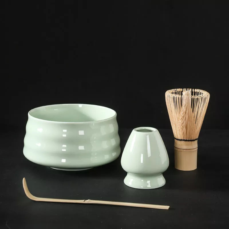 Japanese Matcha Tea Set with ceramic bowl and brush in clear glaze
