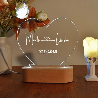 Custom LED night light with 20cm x 11.5cm acrylic plate displaying personalised text, USB powered for bedroom decor