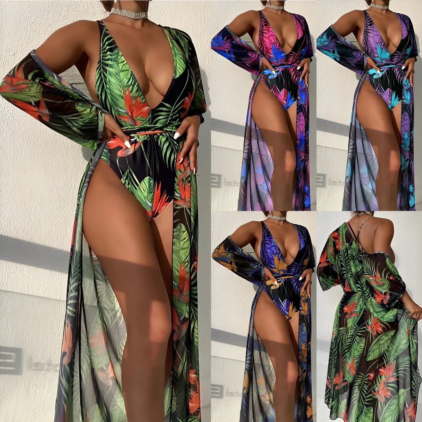 Women's three-piece swimsuit set showing bikini one-piece design with matching cover-up coat