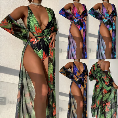 Women's three-piece swimsuit set showing bikini one-piece design with matching cover-up coat