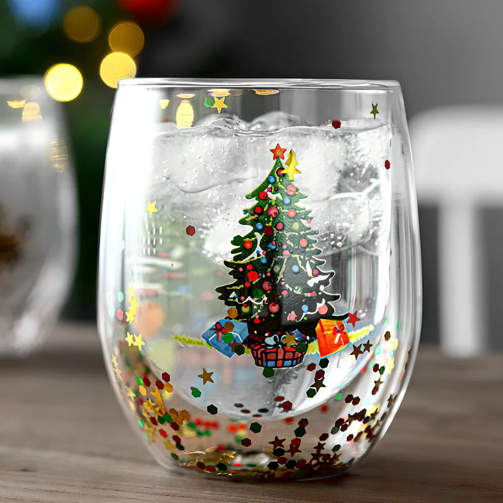 Christmas tree double-layer coffee cup with flowing sequins, 12cm height with 350ml capacity