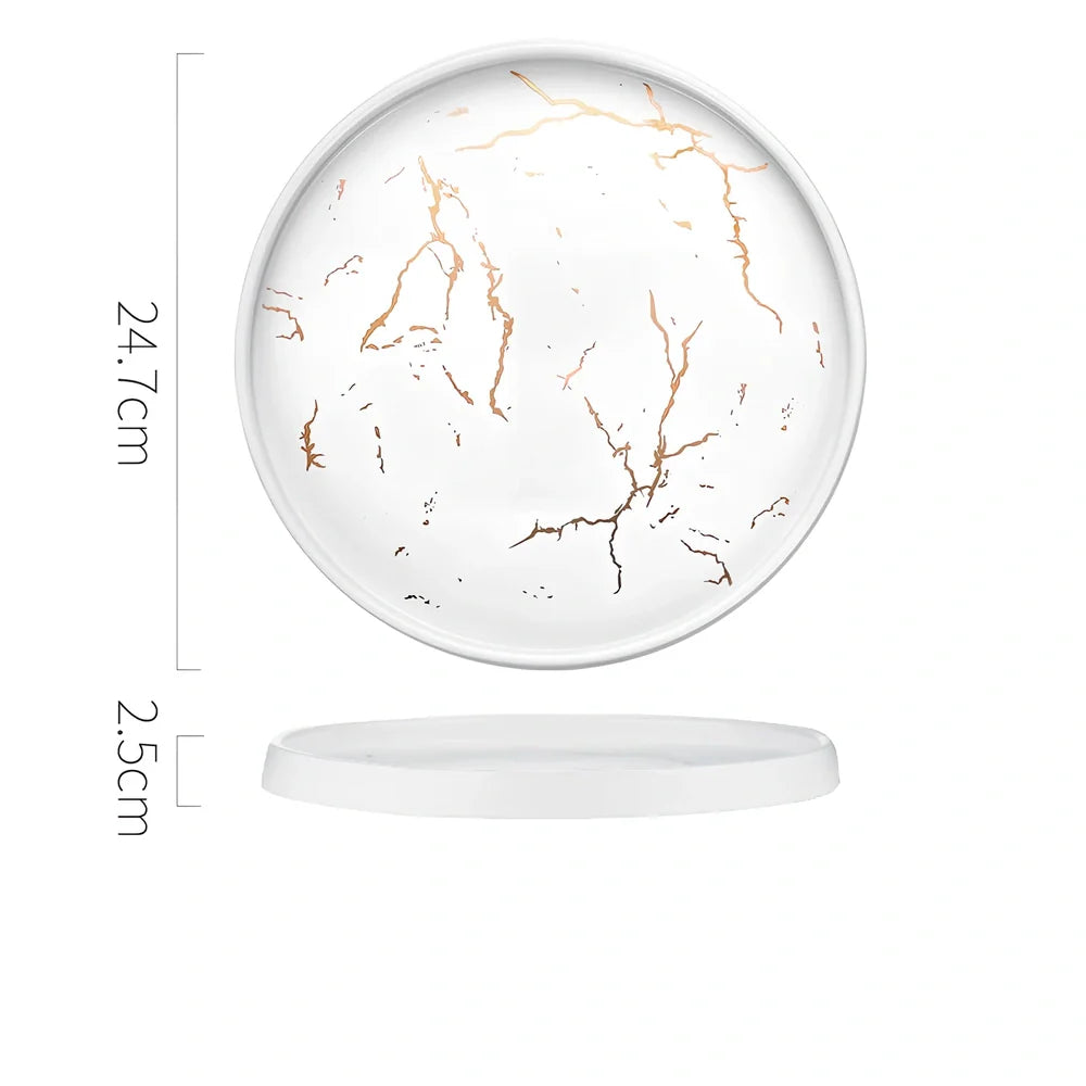 24.7cm Nordic style porcelain plate in white marble pattern, underglaze finish for durable household use