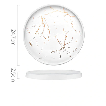 24.7cm Nordic style porcelain plate in white marble pattern, underglaze finish for durable household use