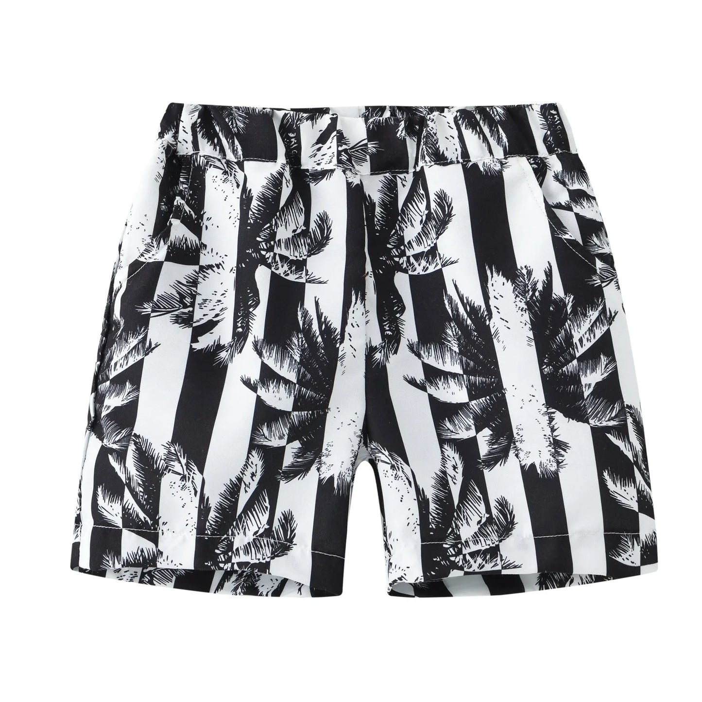 Colourful printed beach shorts with elastic waistband showing tropical patterns including coconut trees and pineapples
