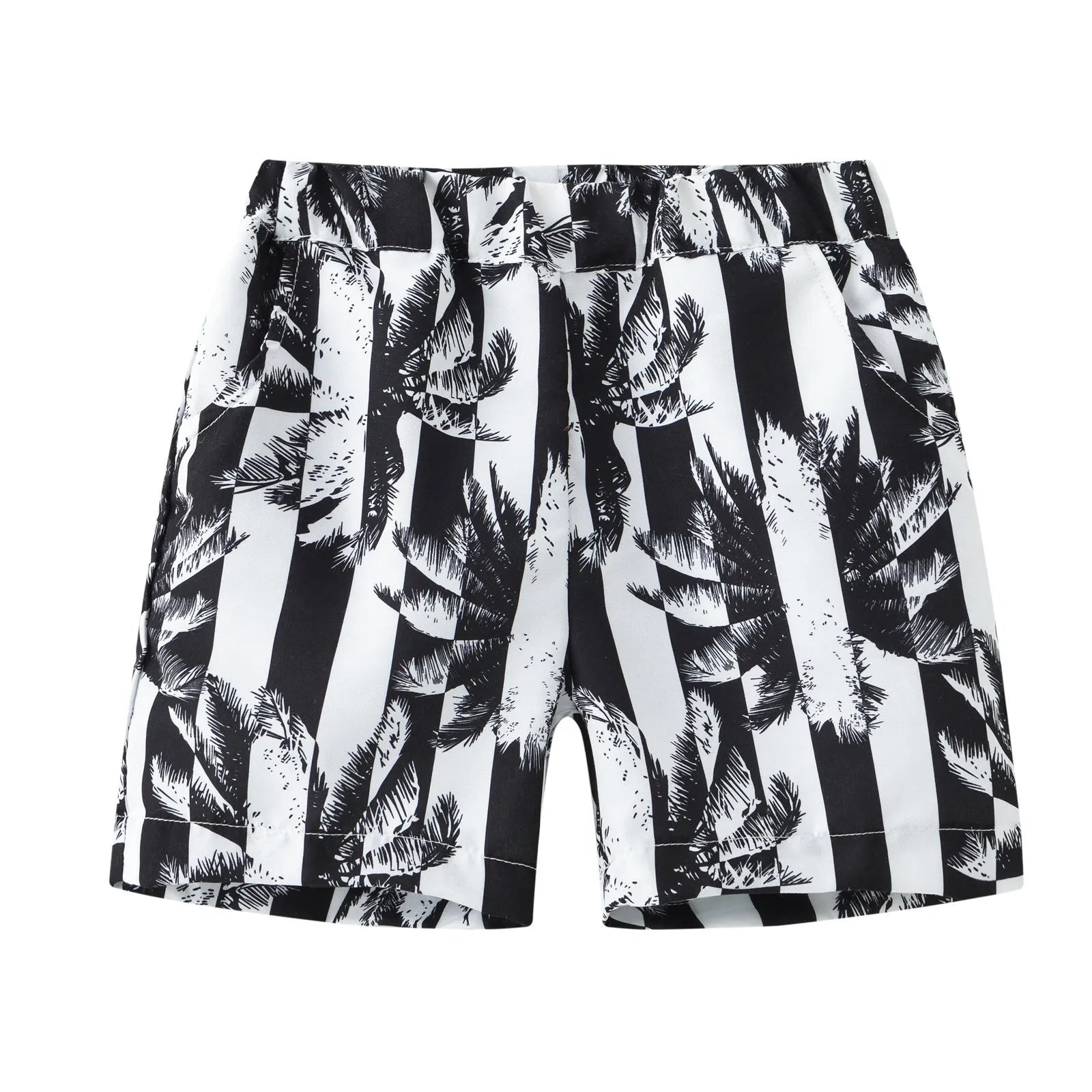 Colourful printed beach shorts with elastic waistband showing tropical patterns including coconut trees and pineapples