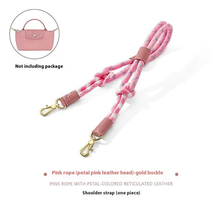 Braided rope shoulder strap with alloy hardware in silver or gold finish options