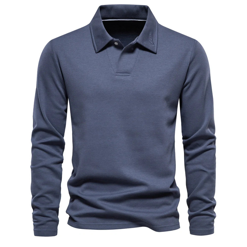 Stylish long-sleeve polo shirt in various colors, featuring a unique lapel design and made from premium cotton-blend fabric for comfort and durability.