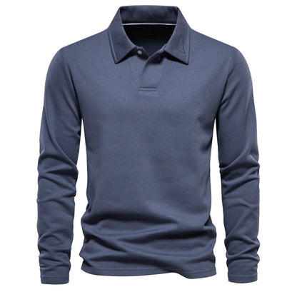 Stylish long-sleeve polo shirt in various colors, featuring a unique lapel design and made from premium cotton-blend fabric for comfort and durability.