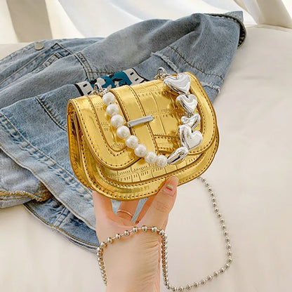 Laser Pearl Tote Saddle Girl Mini crossbody bag in black with sandwich pocket design and adjustable strap