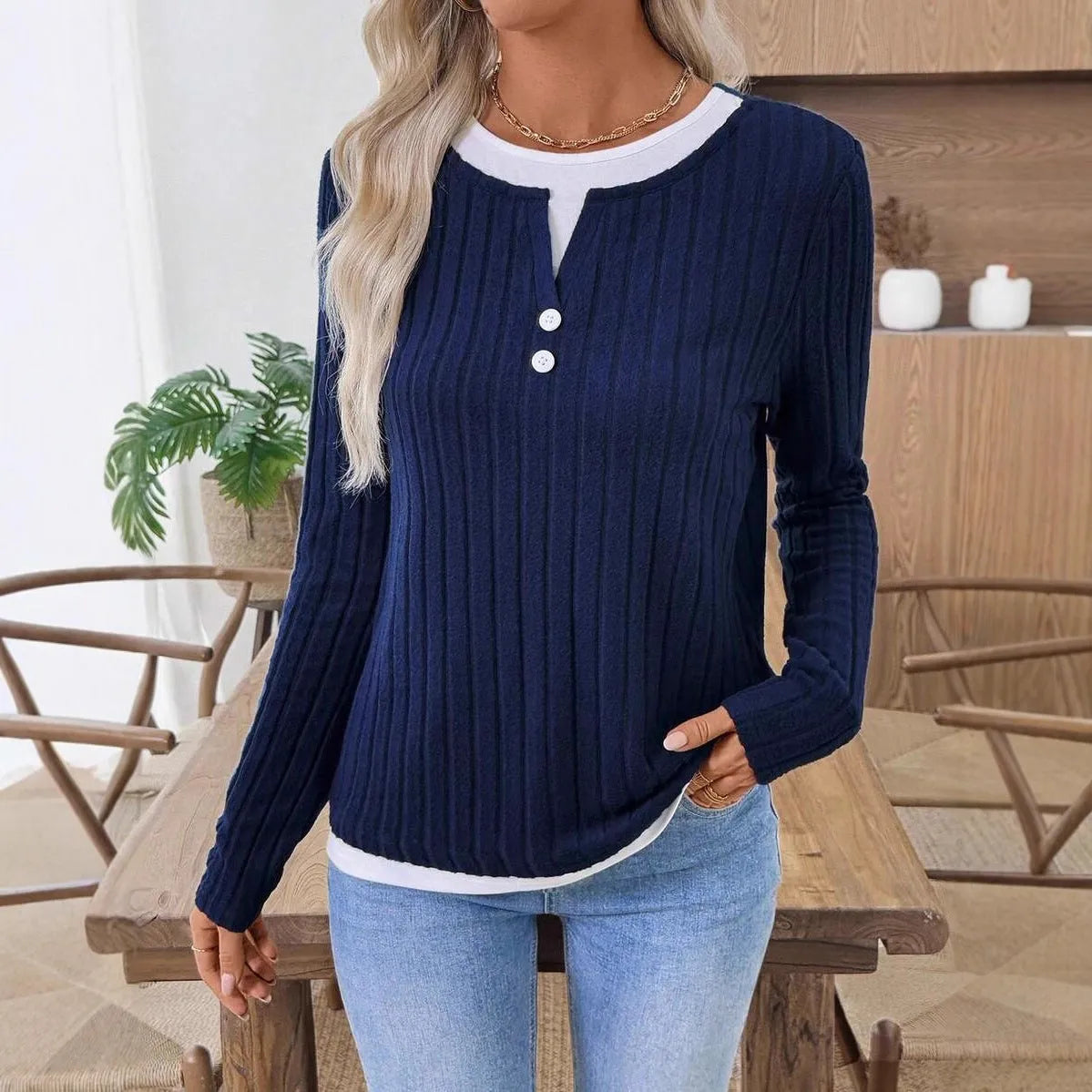 Women's concave stripe pullover sweater with fake two-piece design and button front in street fashion style