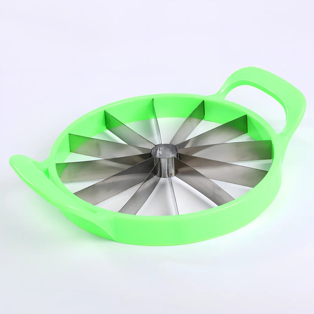 Green watermelon slicer with stainless steel blades and plastic handles for cutting melons