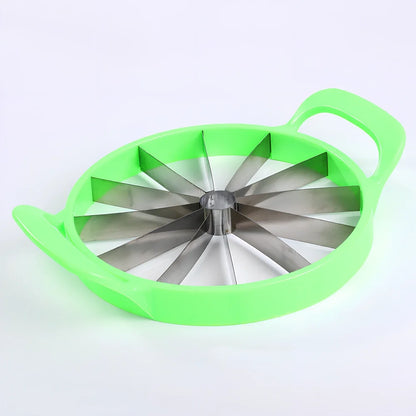 Green watermelon slicer with stainless steel blades and plastic handles for cutting melons