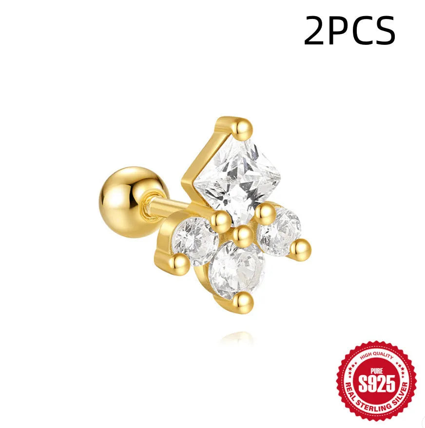 S925 sterling silver floral stud earrings with square gravel detail in a golden electroplated finish.