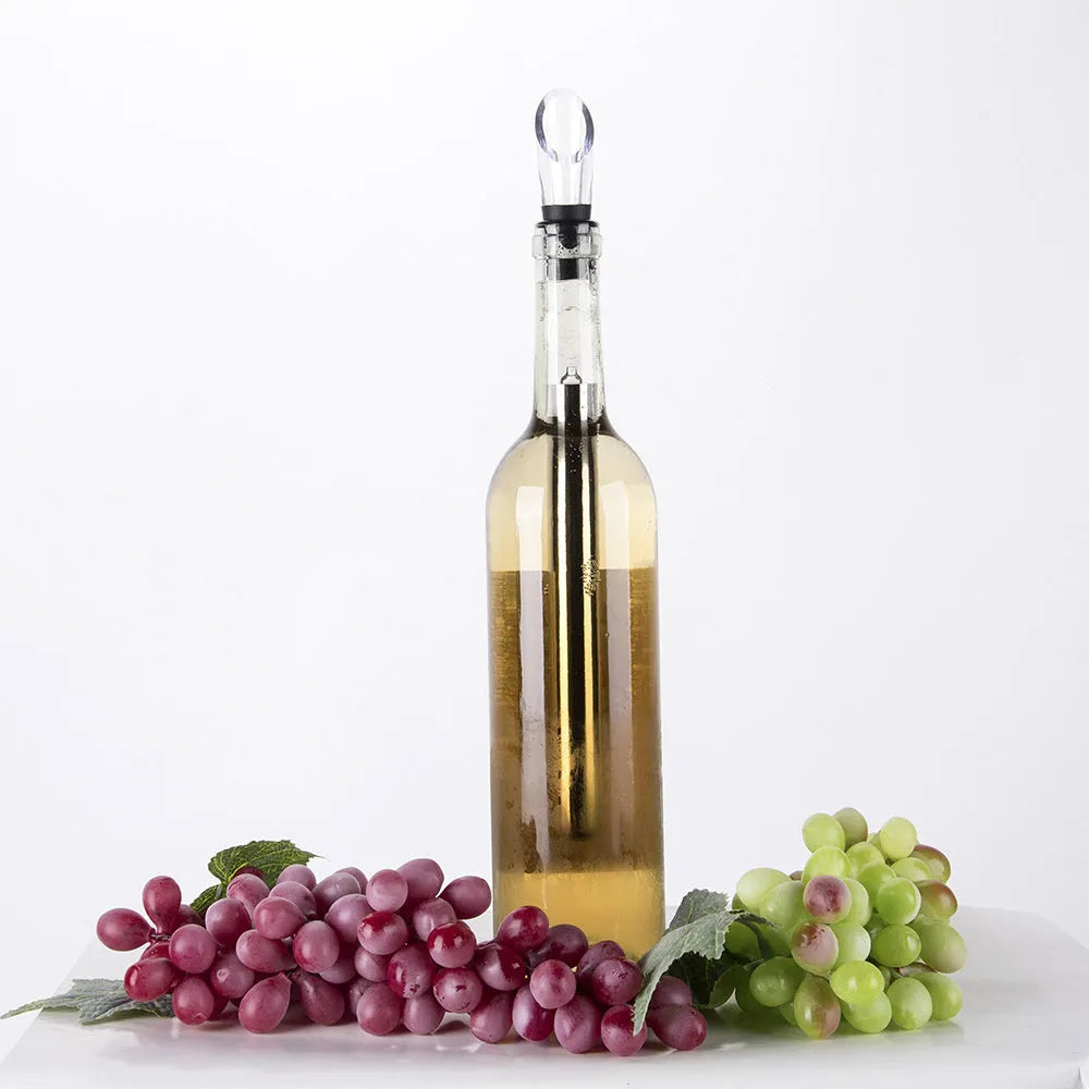 Stainless steel wine chilling rod with acrylic aerator pourer for cooling bottles from inside