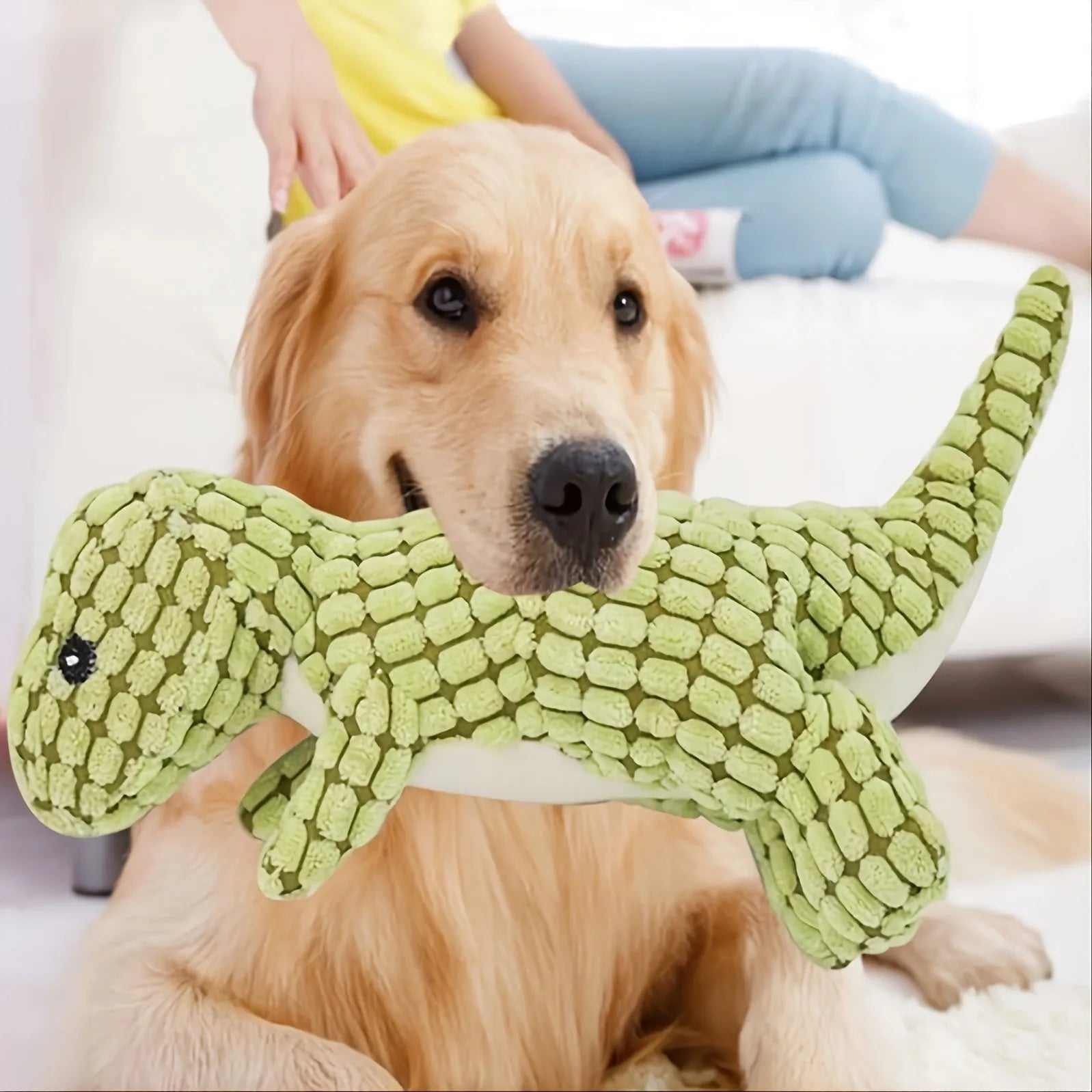 Durable grey, green, and orange dog toy with sound for biting and boredom relief.