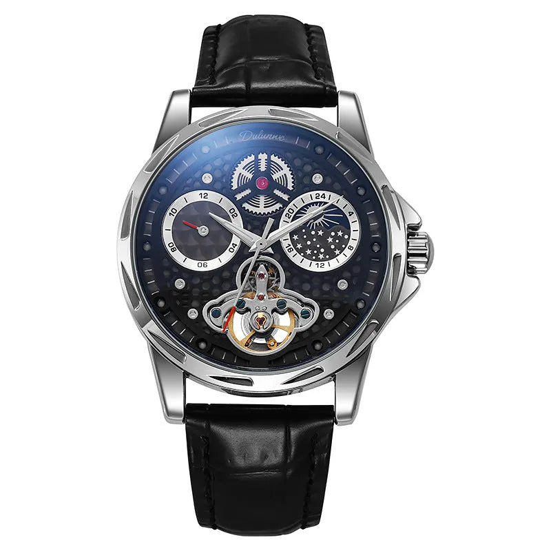 Men's automatic watch with luminous hands, 13mm thickness, available in black or white steel and leather strap options