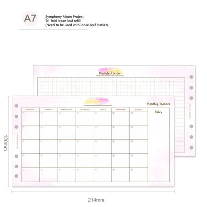 Four options of handbook loose-leaf refills showing floral and symphony designs in A5, A6, and A7 sizes