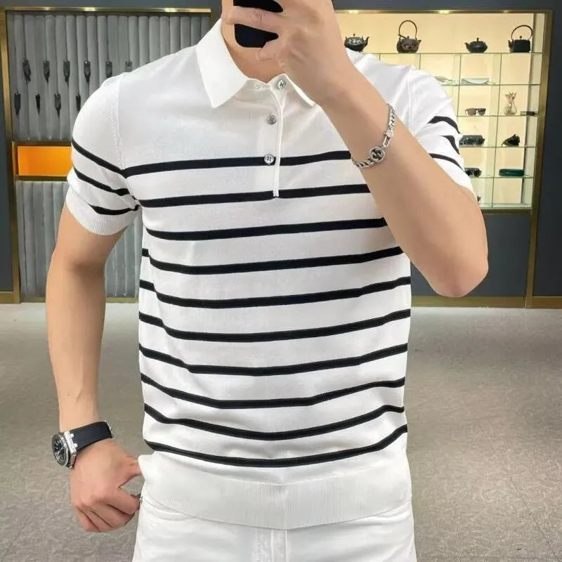 Black and white striped knitted t-shirt with lapel collar detail showing non-iron chemical fibre fabric