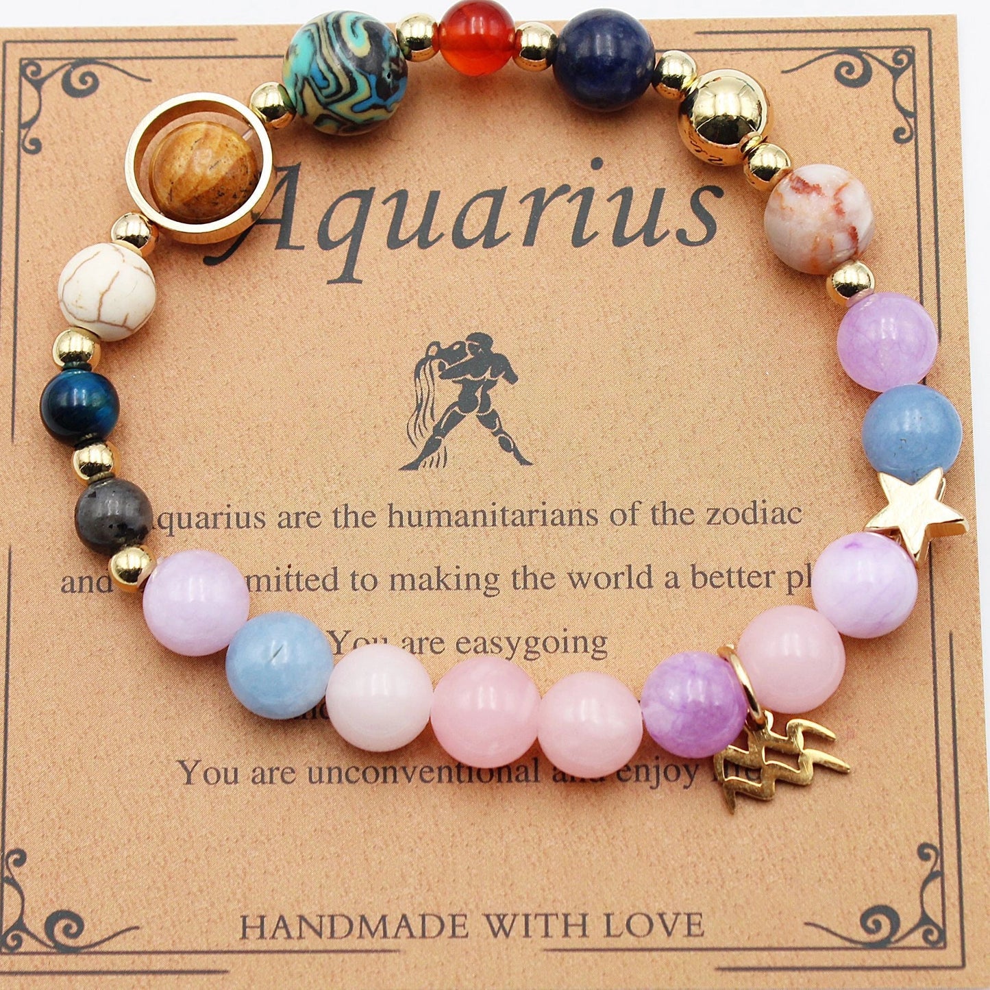 12 Constellation Morgan Stone Beaded Bracelet featuring detailed zodiac signs on 19mm beads