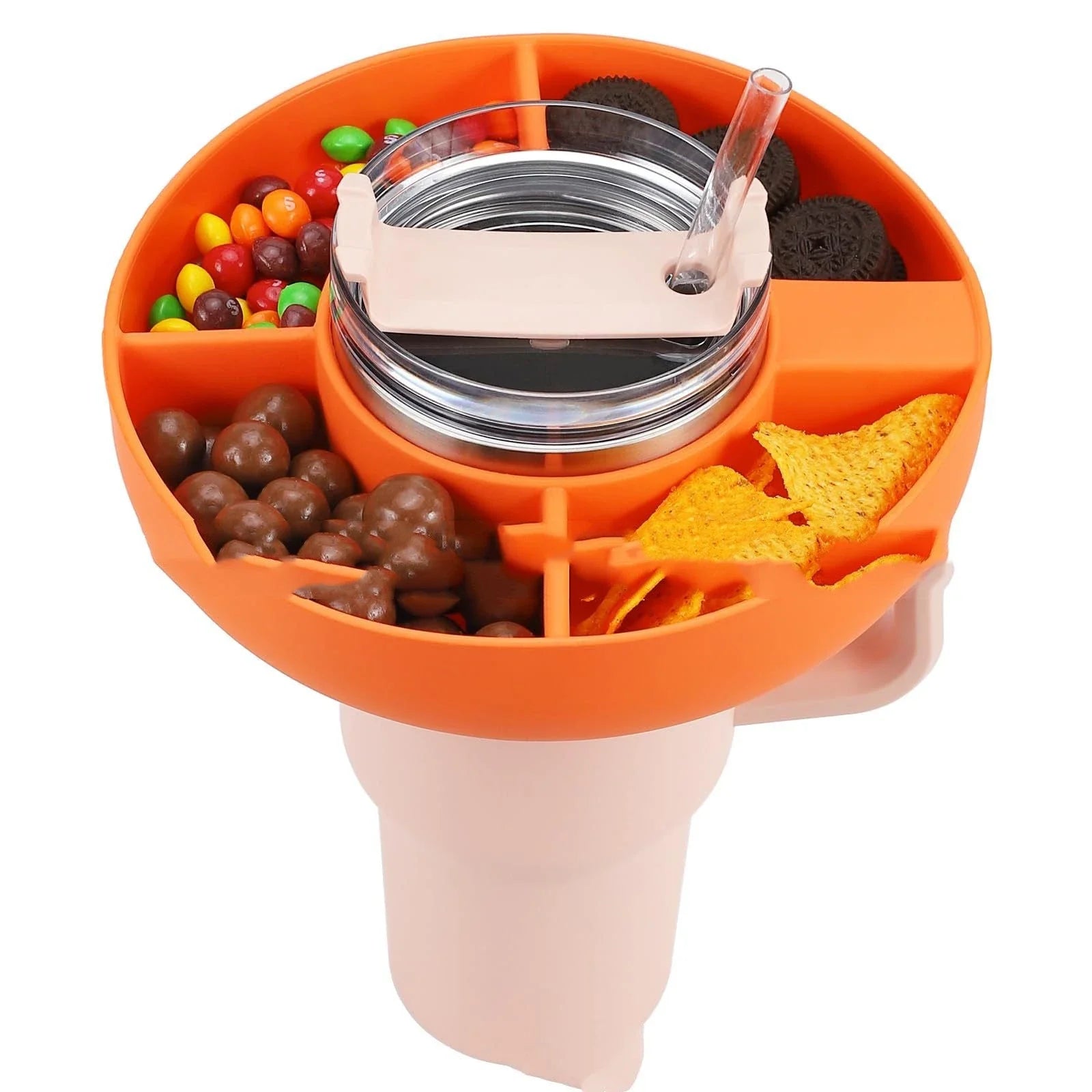 Versatile Silicone Snack Tray with four compartments, designed to attach to 40oz Stanley cups for convenient on-the-go snacking