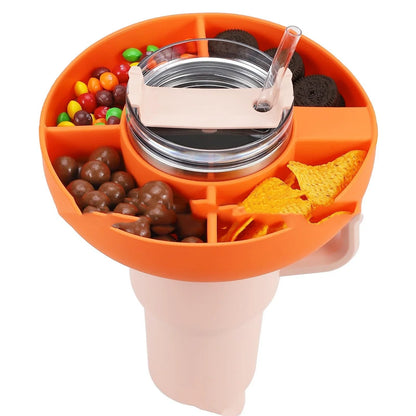 Versatile Silicone Snack Tray with four compartments, designed to attach to 40oz Stanley cups for convenient on-the-go snacking