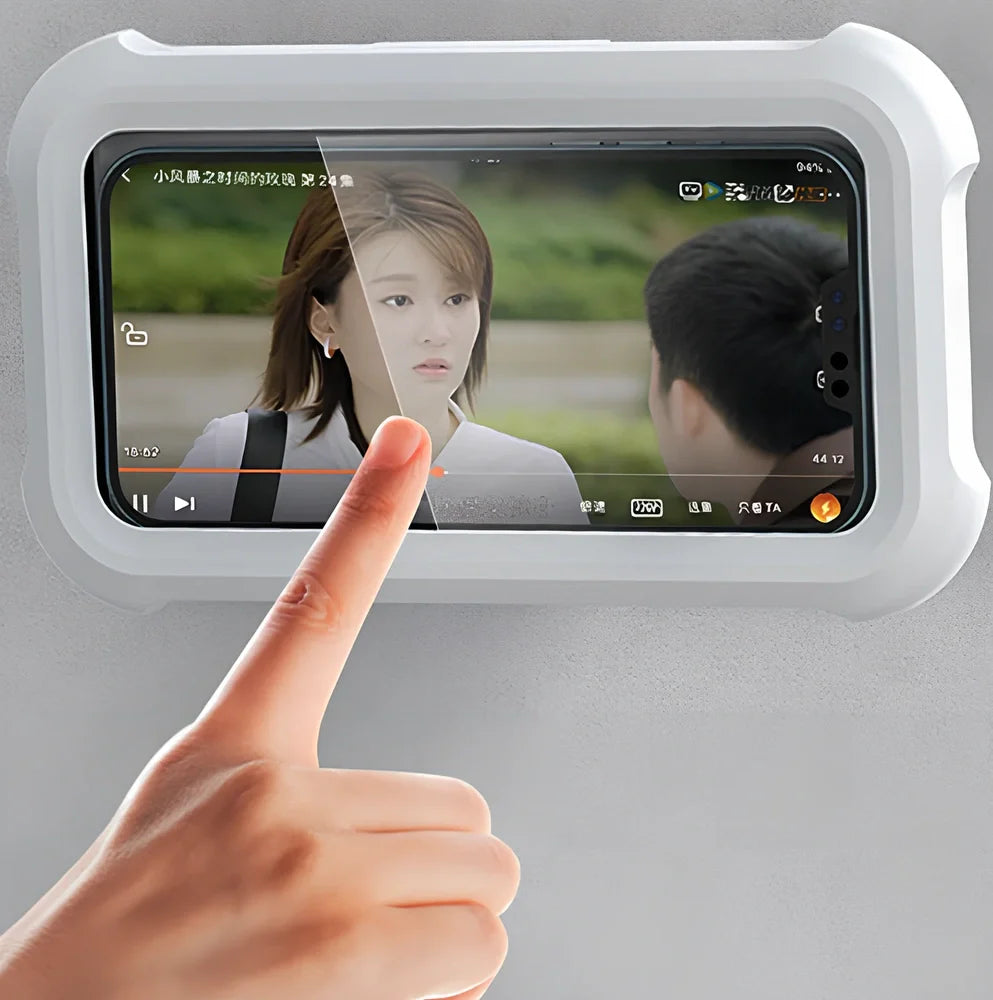 Wall-mounted waterproof black plastic phone rack with adjustable angle for bathroom use, includes 3 adhesives, 15cm height