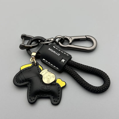 Handmade cowhide car key ring pendant with zinc alloy pony belt buckle and flanelle rope in nine colour options