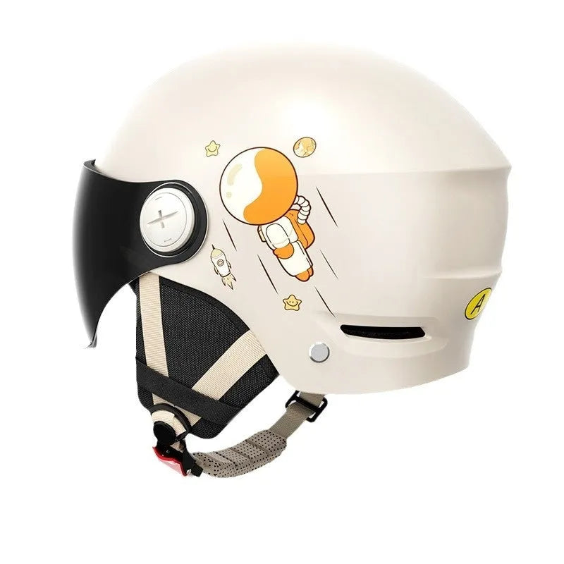 Khaki electric motorcycle half helmet with integrated glasses showing ABS construction and free size fit