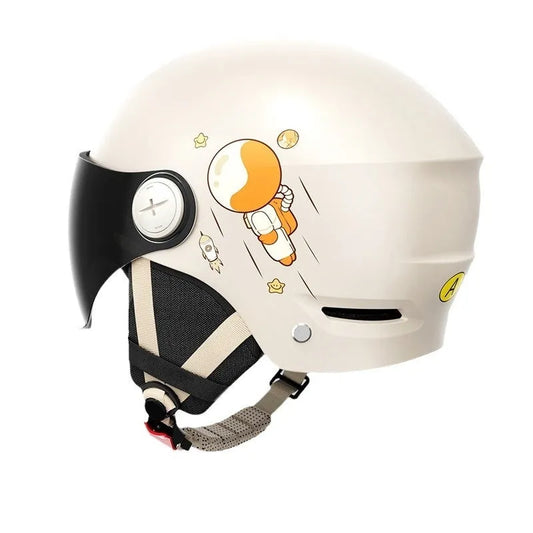 Khaki electric motorcycle half helmet with integrated glasses showing ABS construction and free size fit
