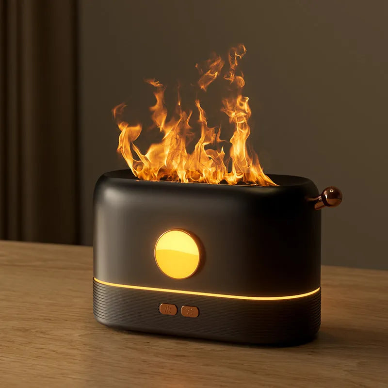 Black USB flame humidifier diffuser with 200ml tank on desktop showing simulation flame effect