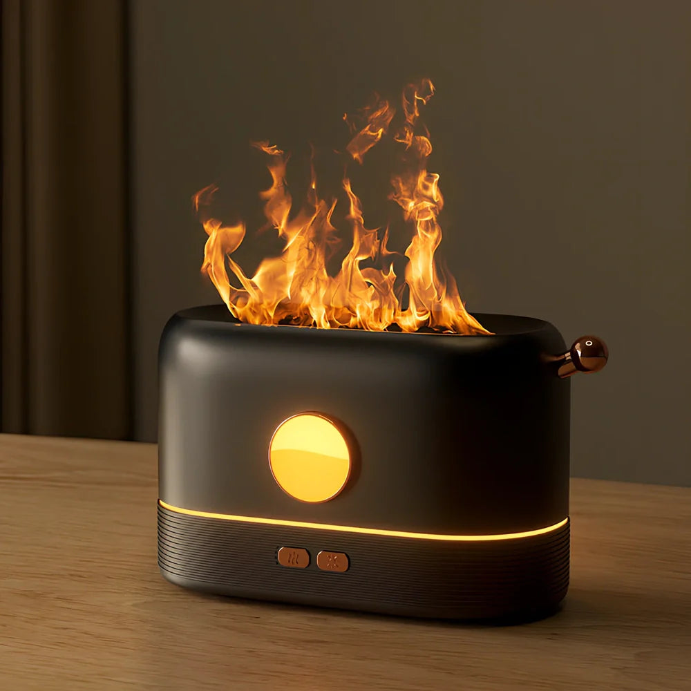 USB-powered desktop humidifier with simulation flame effect and 200ml water tank